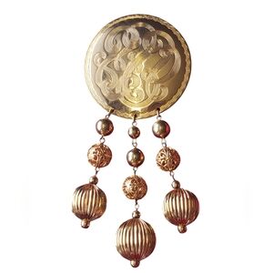Antique Gold Tone Metal Oriental Circular Brooch With Decorative Balls Hanging